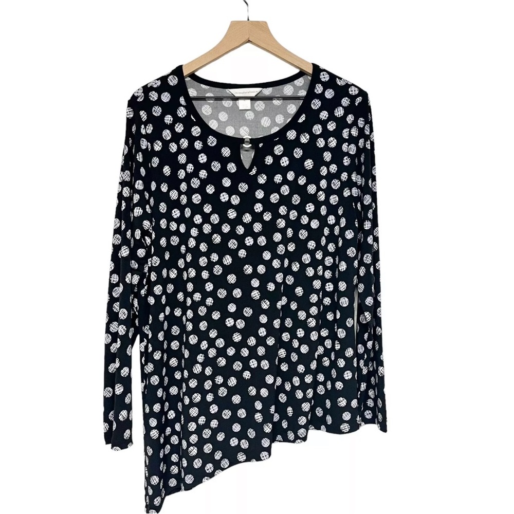 Christopher & Banks Womens Asymmetrical Jersey Top Size XL Navy Blue White Dot